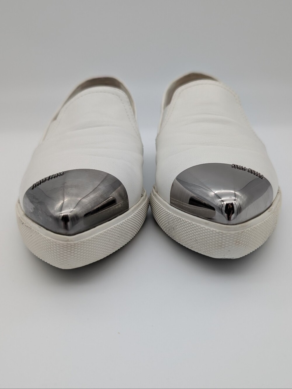 Miu Miu Silver Tip Toe White Leather Slip-on Loafers Sneakers EU 38 US 8 - Picture 10 of 10